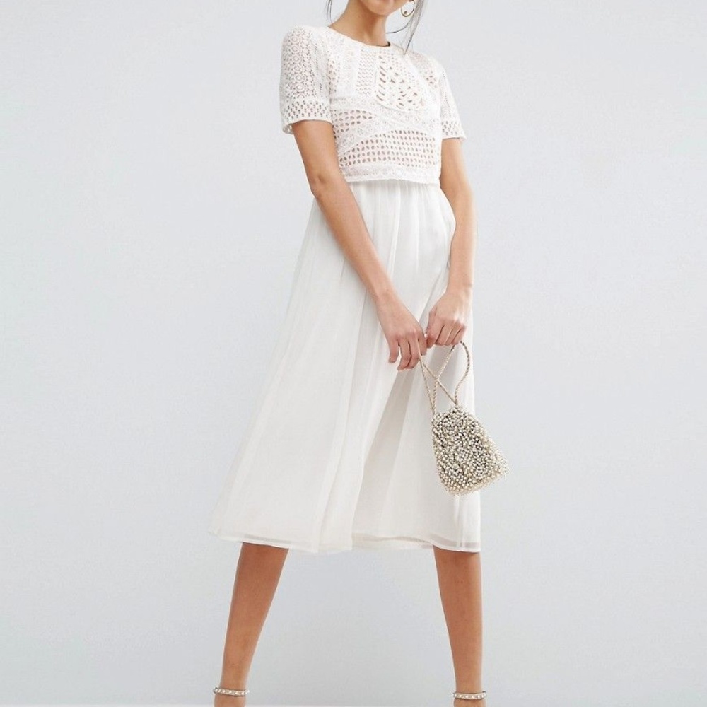 ASOS Heavy Applique Crop-Top Midi Dress Cream